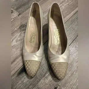 Salvatore Ferragamo woven toe pumps block heels retro vintage 80s 90 pinup shoe